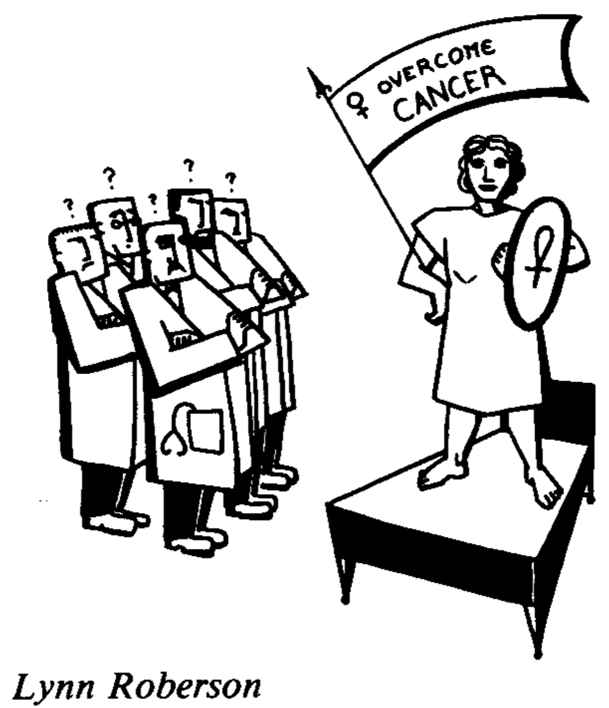 A woman stands on a bed waving a flag labeled "Overcome cancer" and holding a shield with the female symbol, as a group of men in lab coats look on, confused.